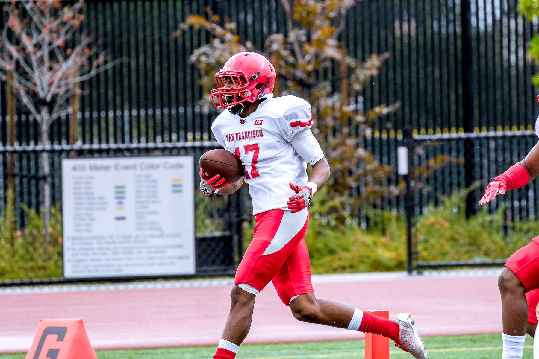 Defensive back Bejour Wilson celebrates his 25-yard touchdown interception.