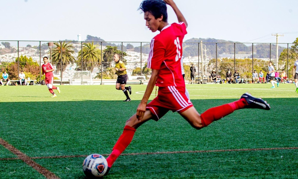 Sophomore midfielder Mark Estevez scores one of rams two goals
