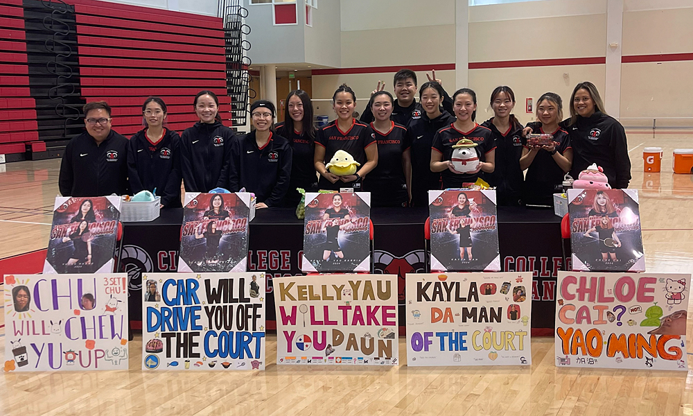 Prior to the start of the Fresno City match, CCSF honored its five sophomores, Kelly Yau, Kayla Man, Carolyn Nguyen, Yuchu Huang, and Chloe Cai.